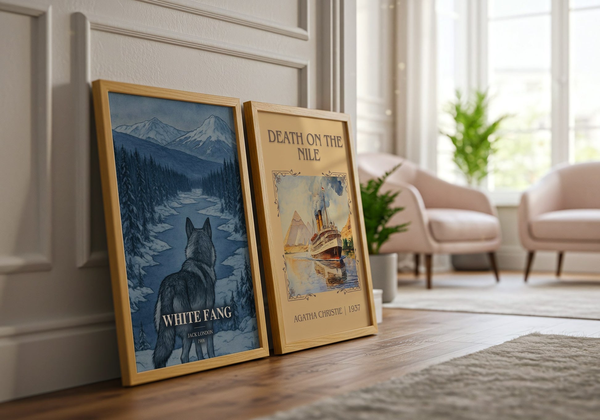 White Fang watercolour print framed by window – literary home decor