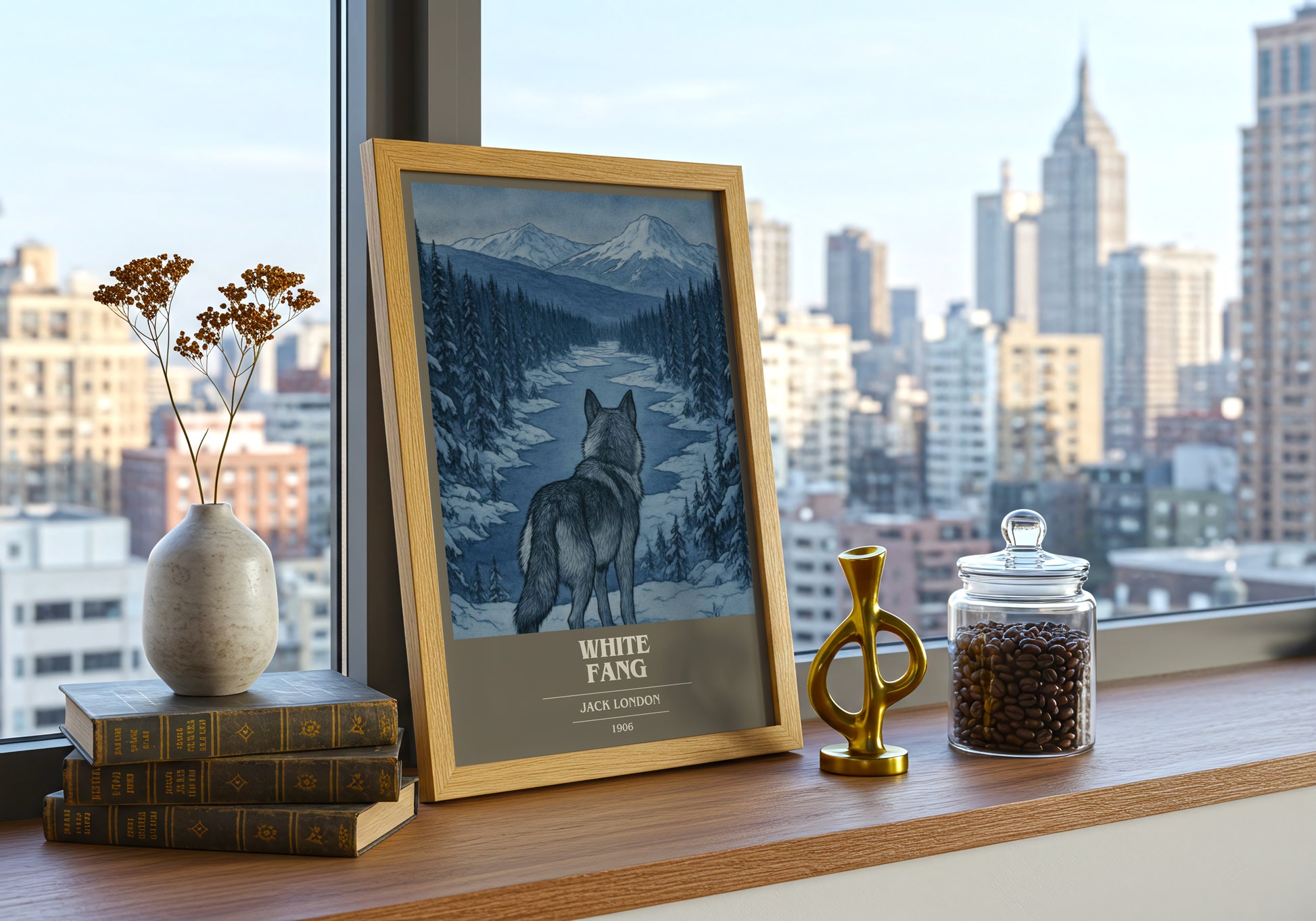 White Fang book cover print framed by window – literary home decor