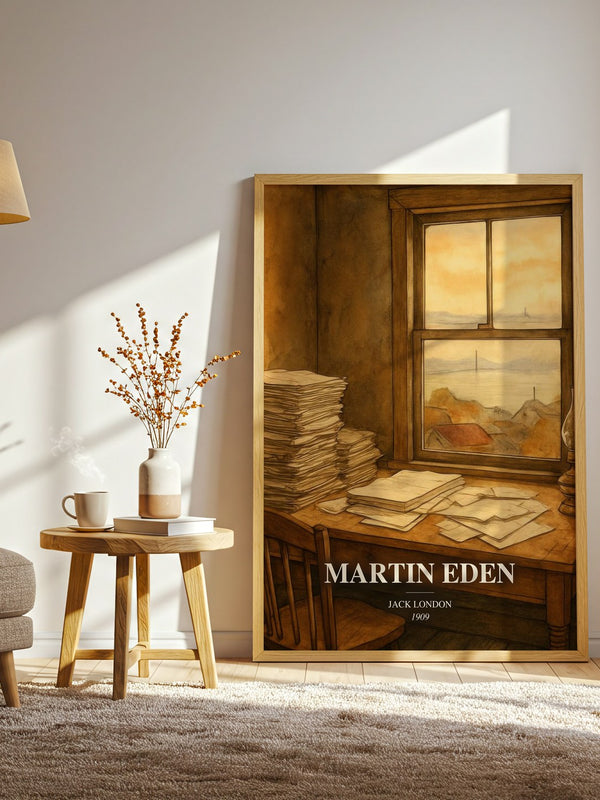 Martin Eden watercolour print in frame leaning in hallway – classic literature wall art