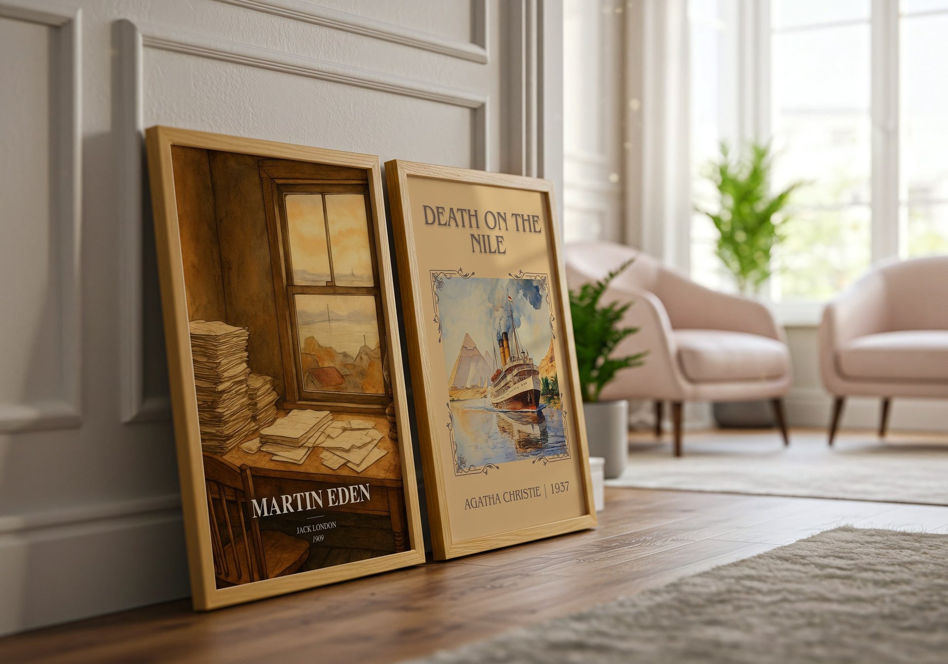 Martin Eden watercolour print framed by window – literary home decor