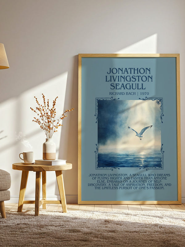 Jonathan Livingston Seagull minimalist print in frame leaning in hallway – literary fiction wall art