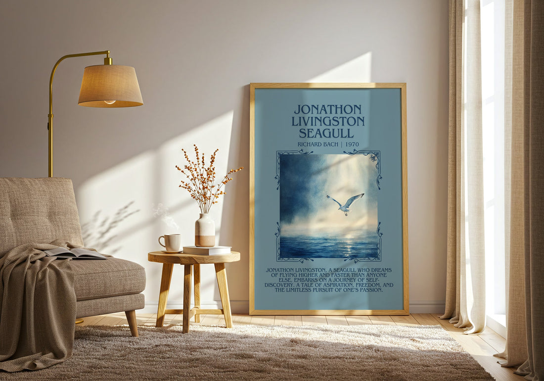 Jonathan Livingston Seagull minimalist print in frame leaning in hallway – literary fiction wall art (mockup)