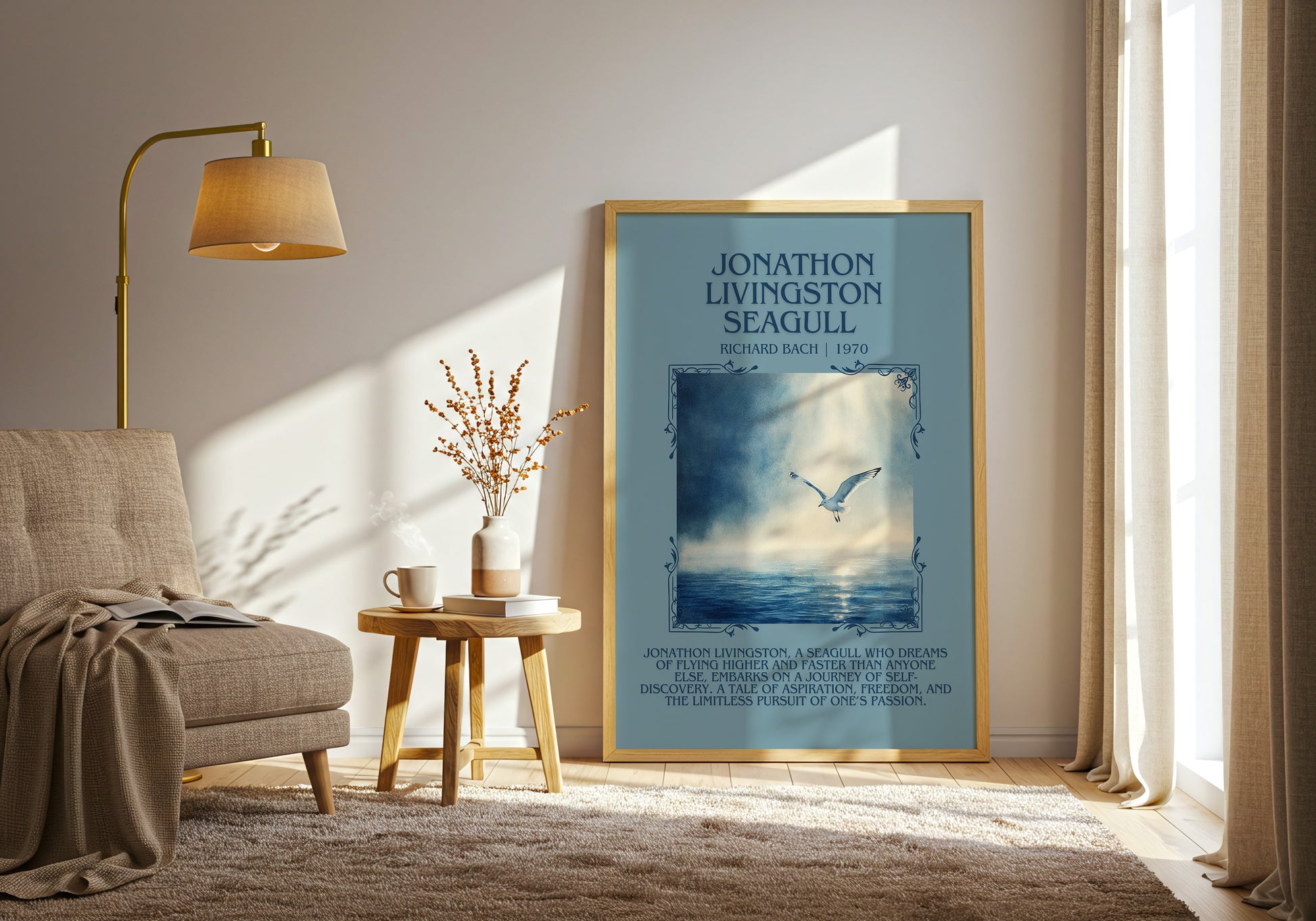 Jonathan Livingston Seagull minimalist print in frame leaning in hallway – literary fiction wall art