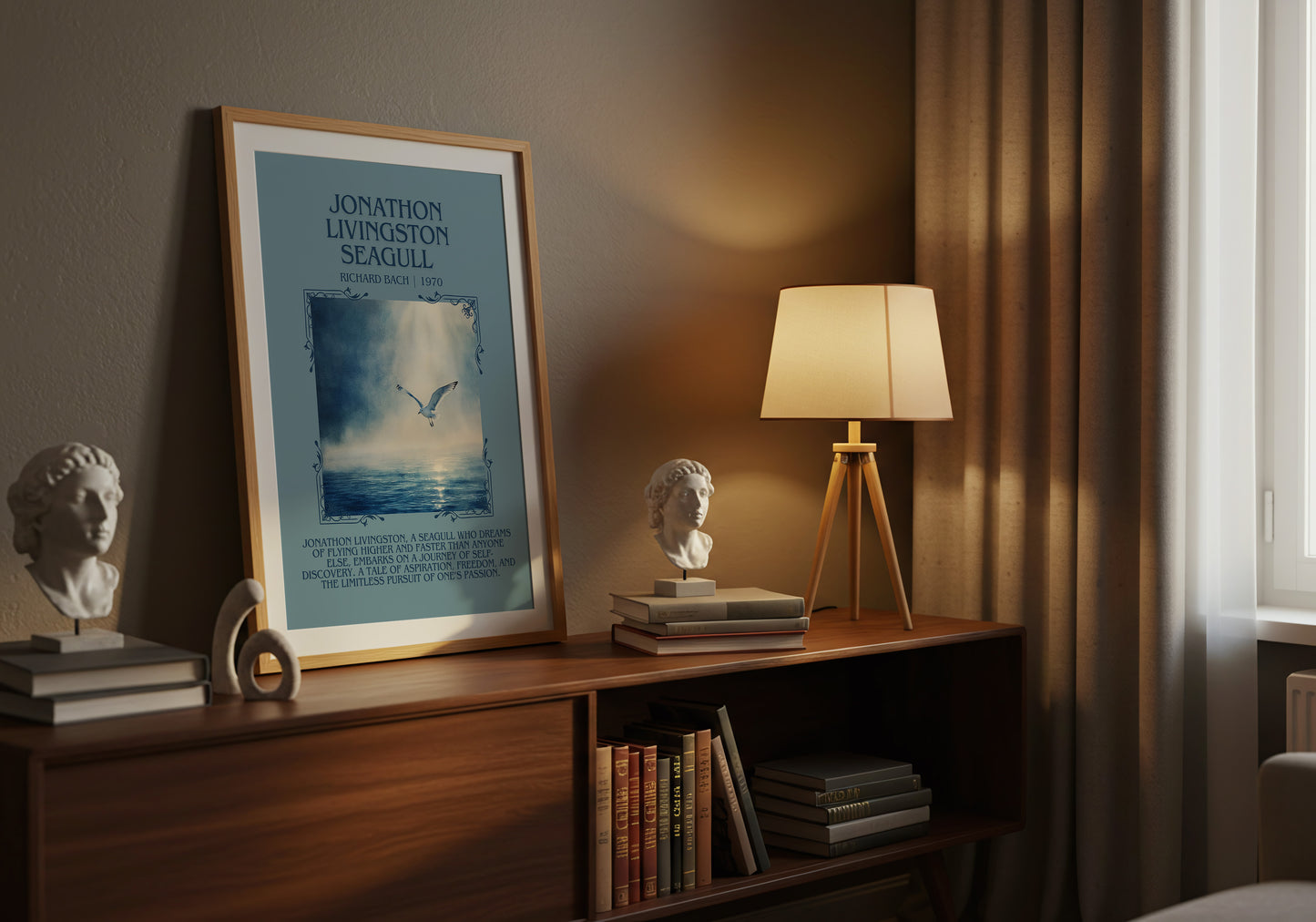 Jonathan Livingston Seagull minimalist book poster framed on wall – literary fiction wall art