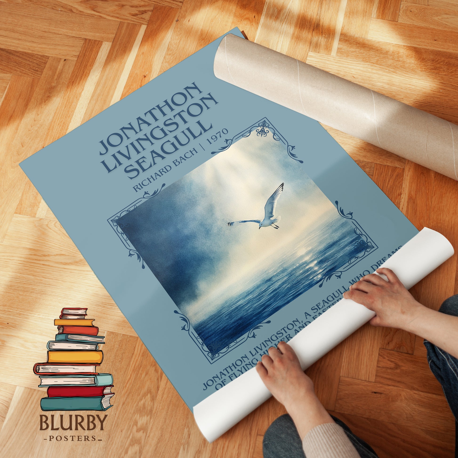 Jonathan Livingston Seagull minimalist print on bookshelf – RICHARD BACH fan gift
