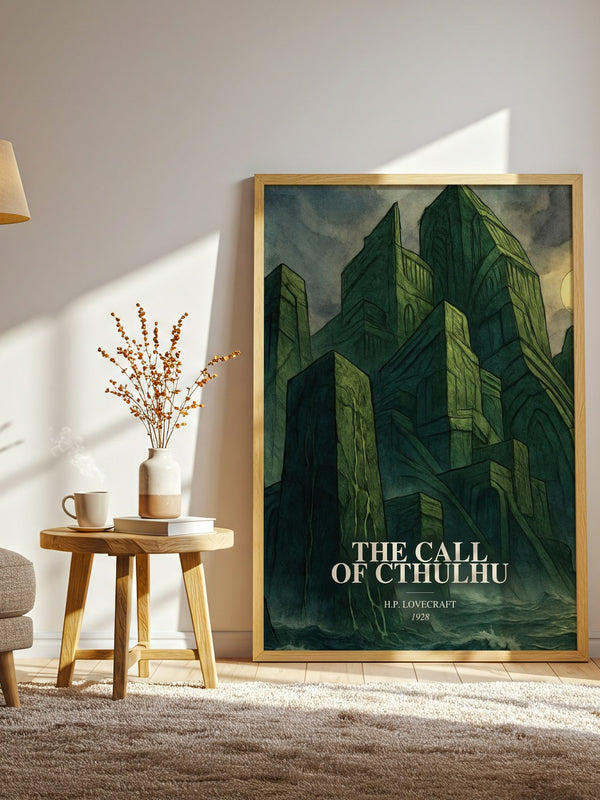 The Call Of Cthulhu watercolour print in frame leaning in hallway – horror wall art