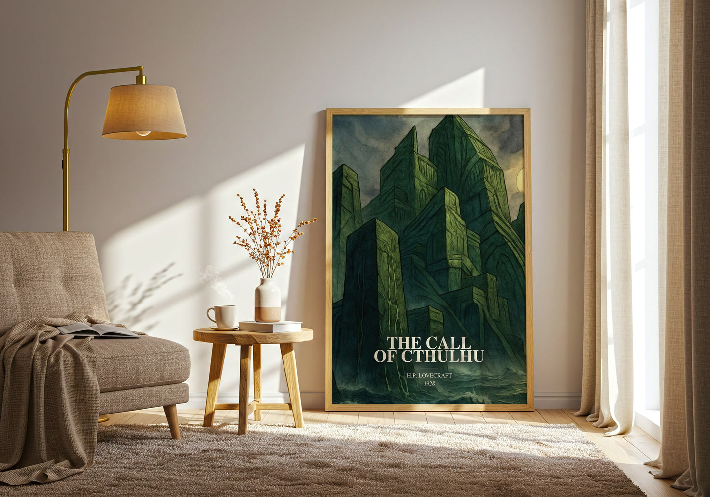 The Call Of Cthulhu watercolour print in frame leaning in hallway – horror wall art