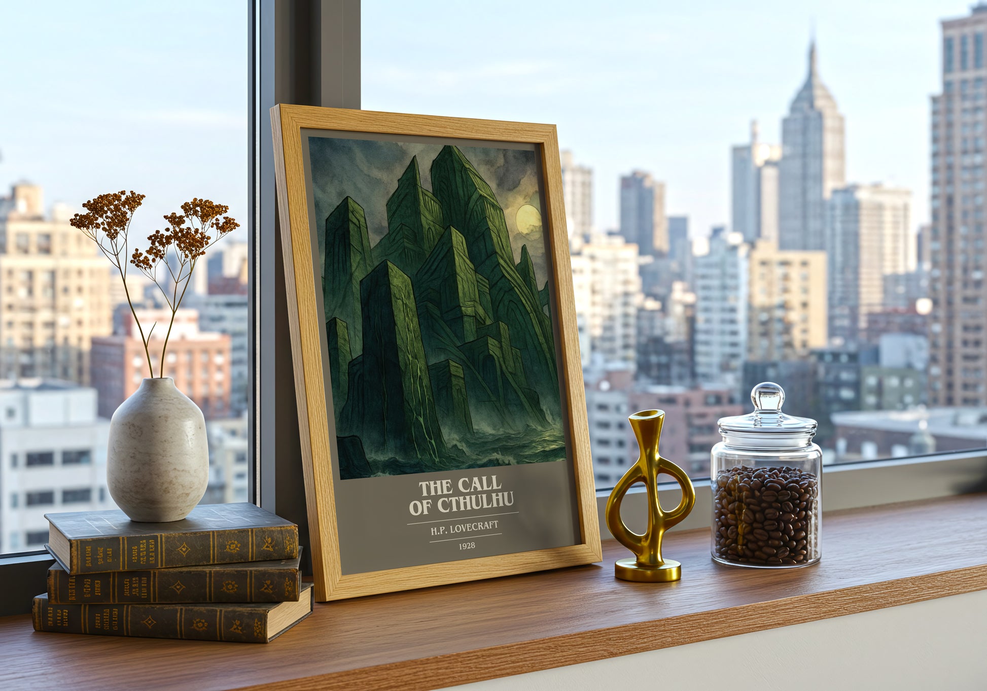 The Call Of Cthulhu book cover print framed by window – literary home decor