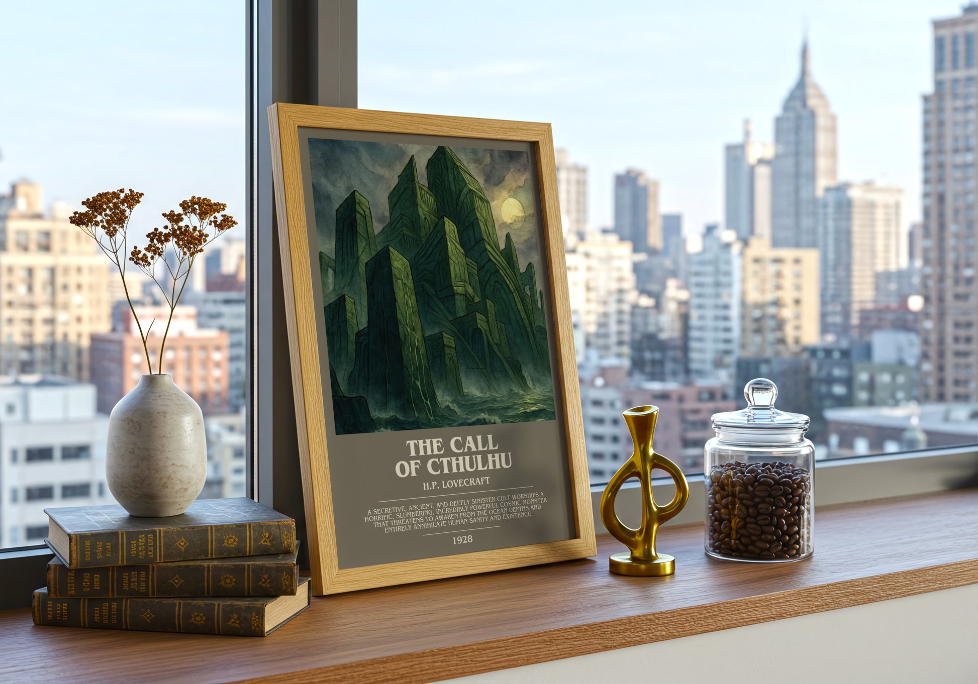 The Call Of Cthulhu bookish print framed by window – literary home decor