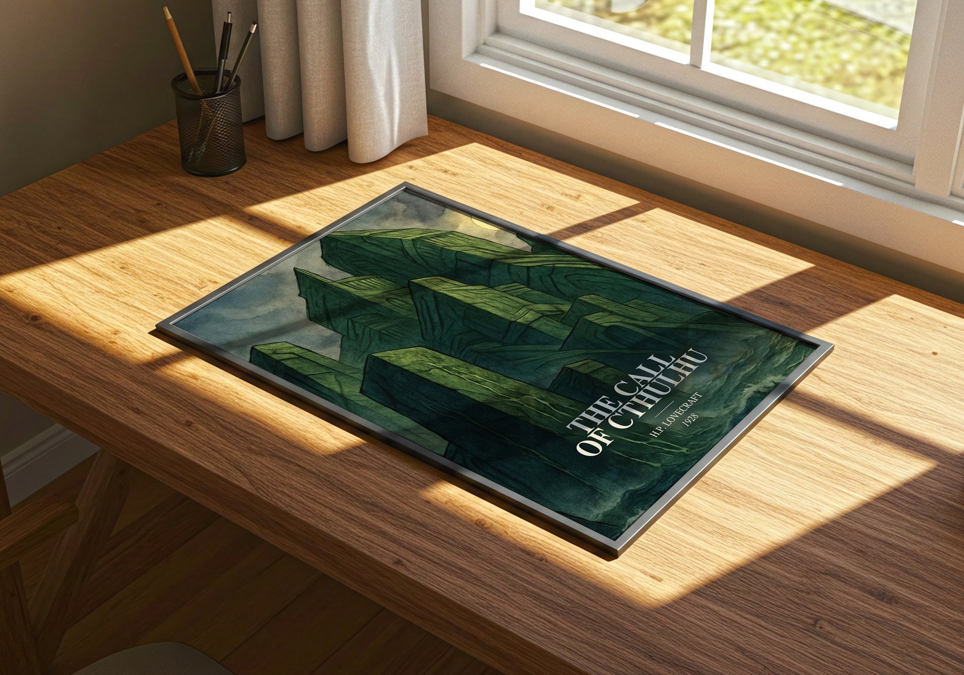 The Call Of Cthulhu watercolour book poster framed on wall – horror wall art