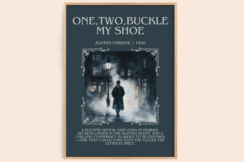One, Two, Buckle My Shoe minimalist book poster by Agatha Christie – framed literary art print