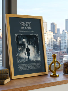 One, Two, Buckle My Shoe Minimalist Book Poster by Agatha Christie – framed print on a city-view windowsill