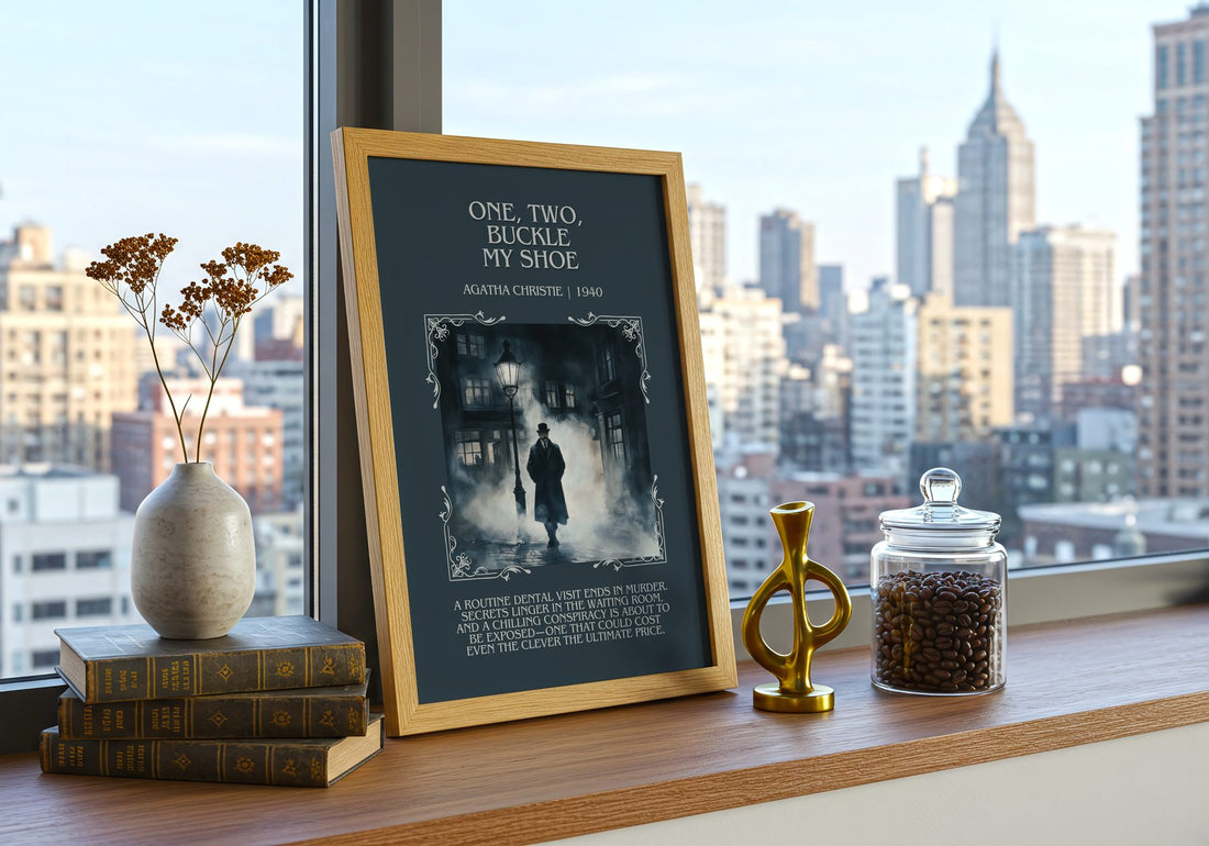 One, Two, Buckle My Shoe Minimalist Book Poster by Agatha Christie – framed print on a city-view windowsill