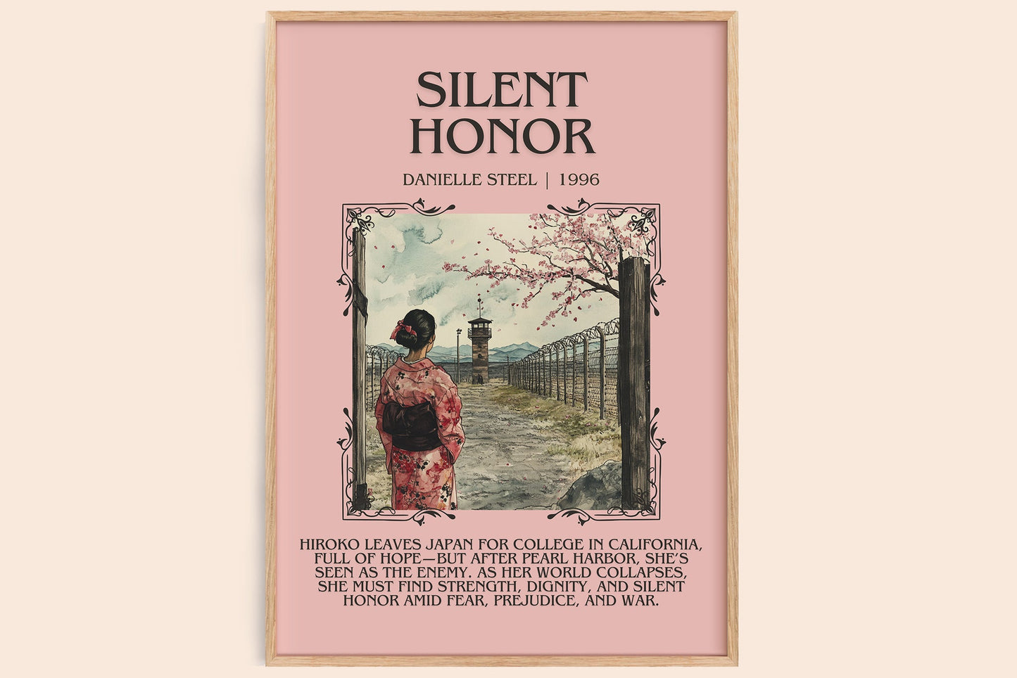 Silent Honour minimalist book poster by Danielle Steel – framed literary art print