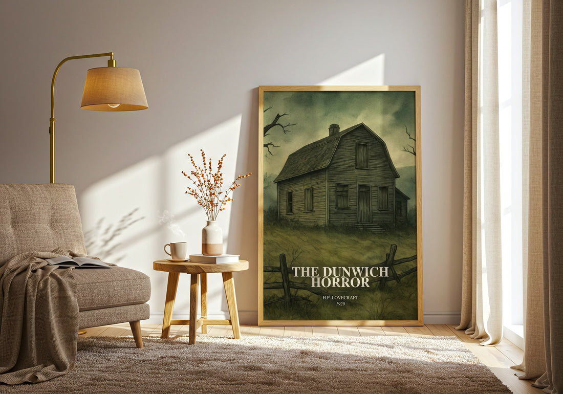The Dunwich Horror watercolour print in frame leaning in hallway – horror wall art (mockup)