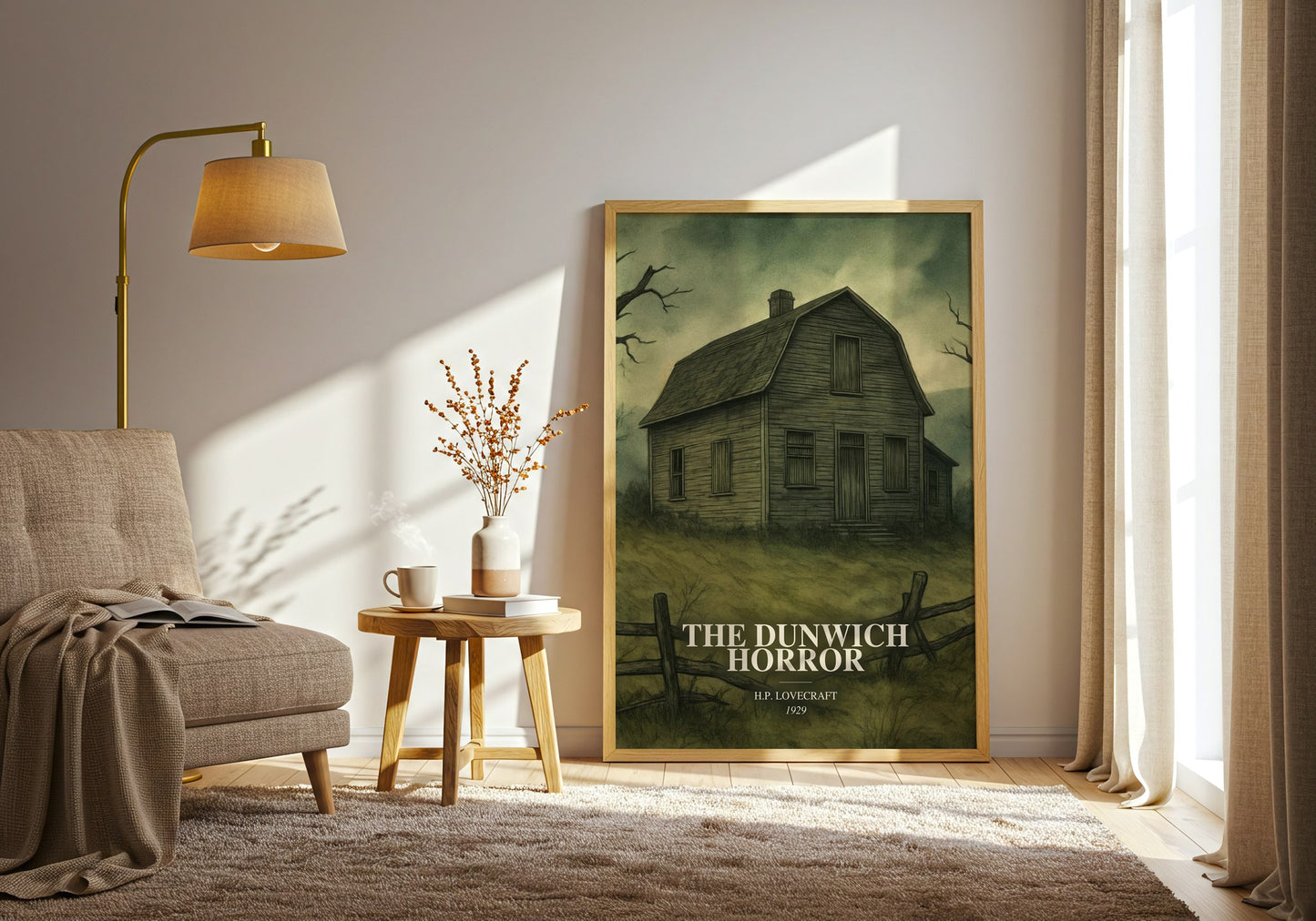 The Dunwich Horror watercolour print in frame leaning in hallway – horror wall art