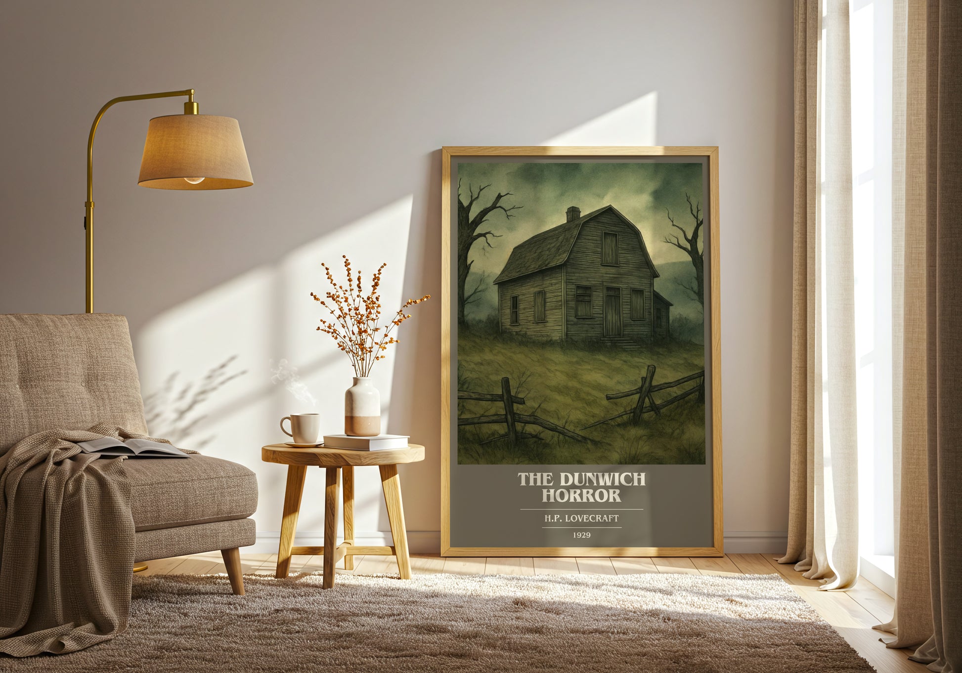 The Dunwich Horror book cover print on bookshelf – H.P. Lovecraft fan gift