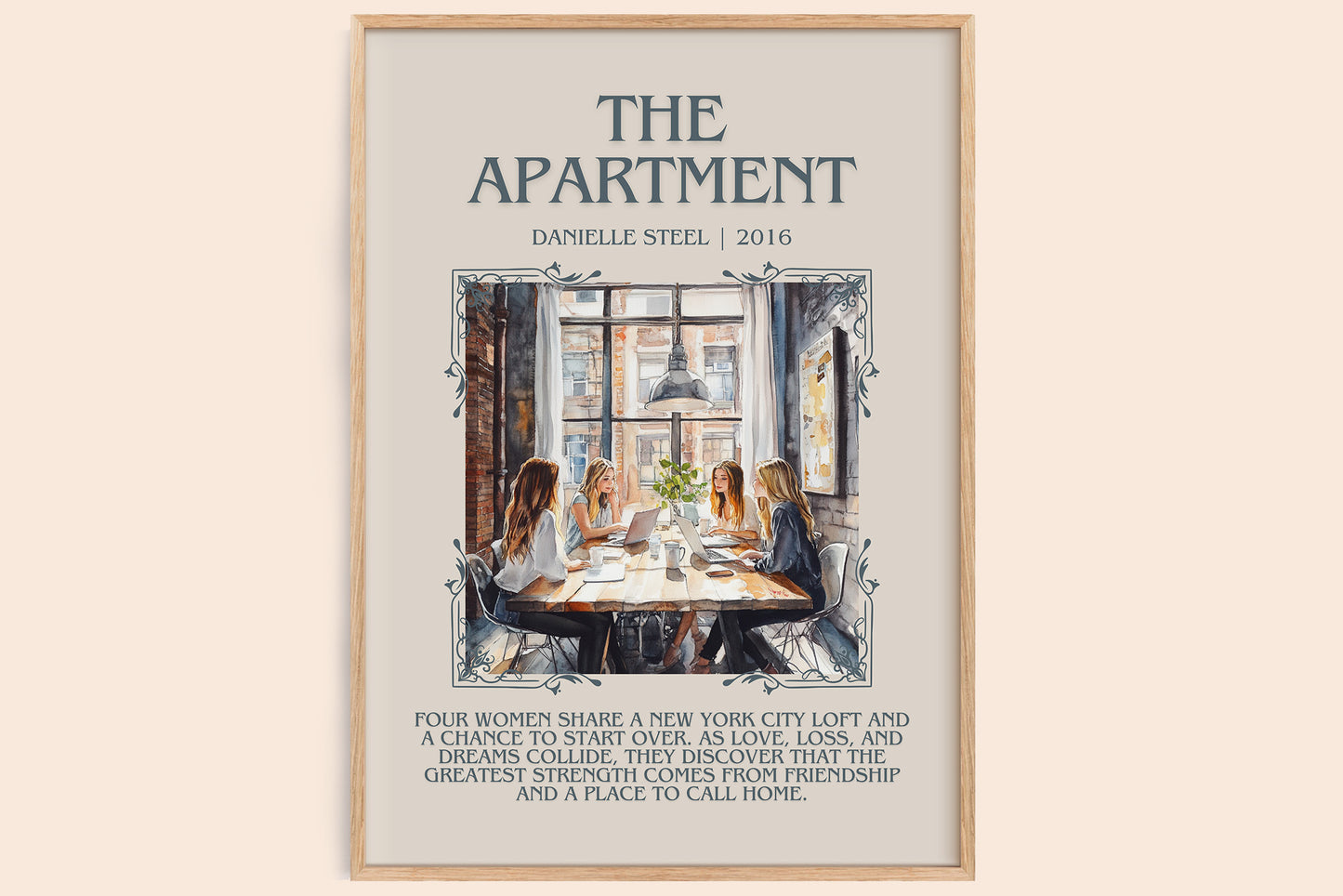 The Apartment bookish print in frame leaning in hallway – romance wall art