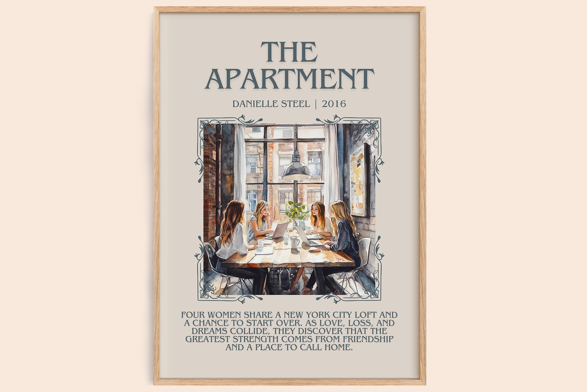 The Apartment bookish print in frame leaning in hallway – romance wall art