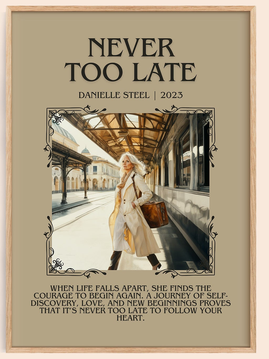 Never Too Late minimalist book poster by Danielle Steel – framed literary art print
