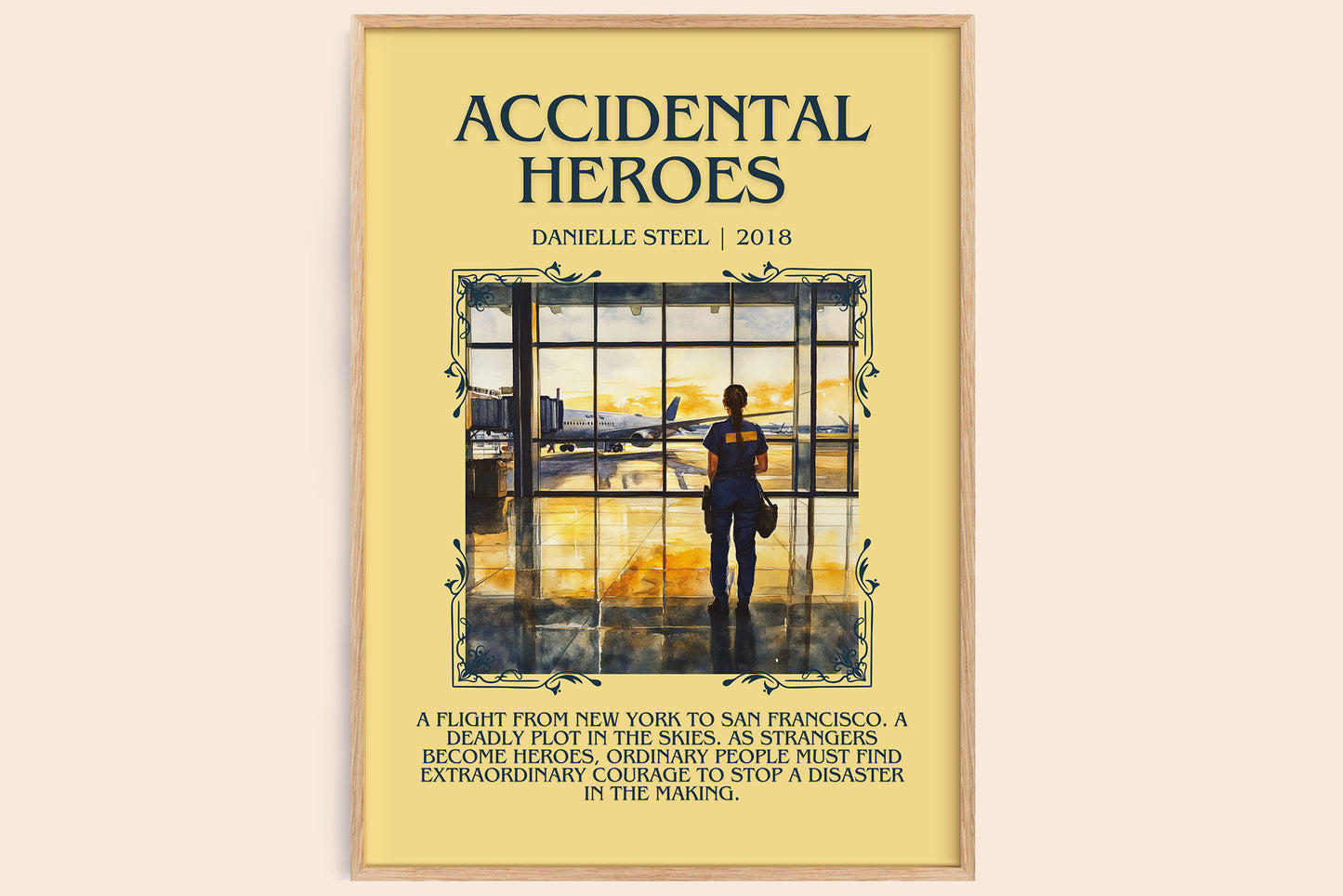 Accidental Heroes bookish print in frame leaning in hallway – contemporary fiction wall art