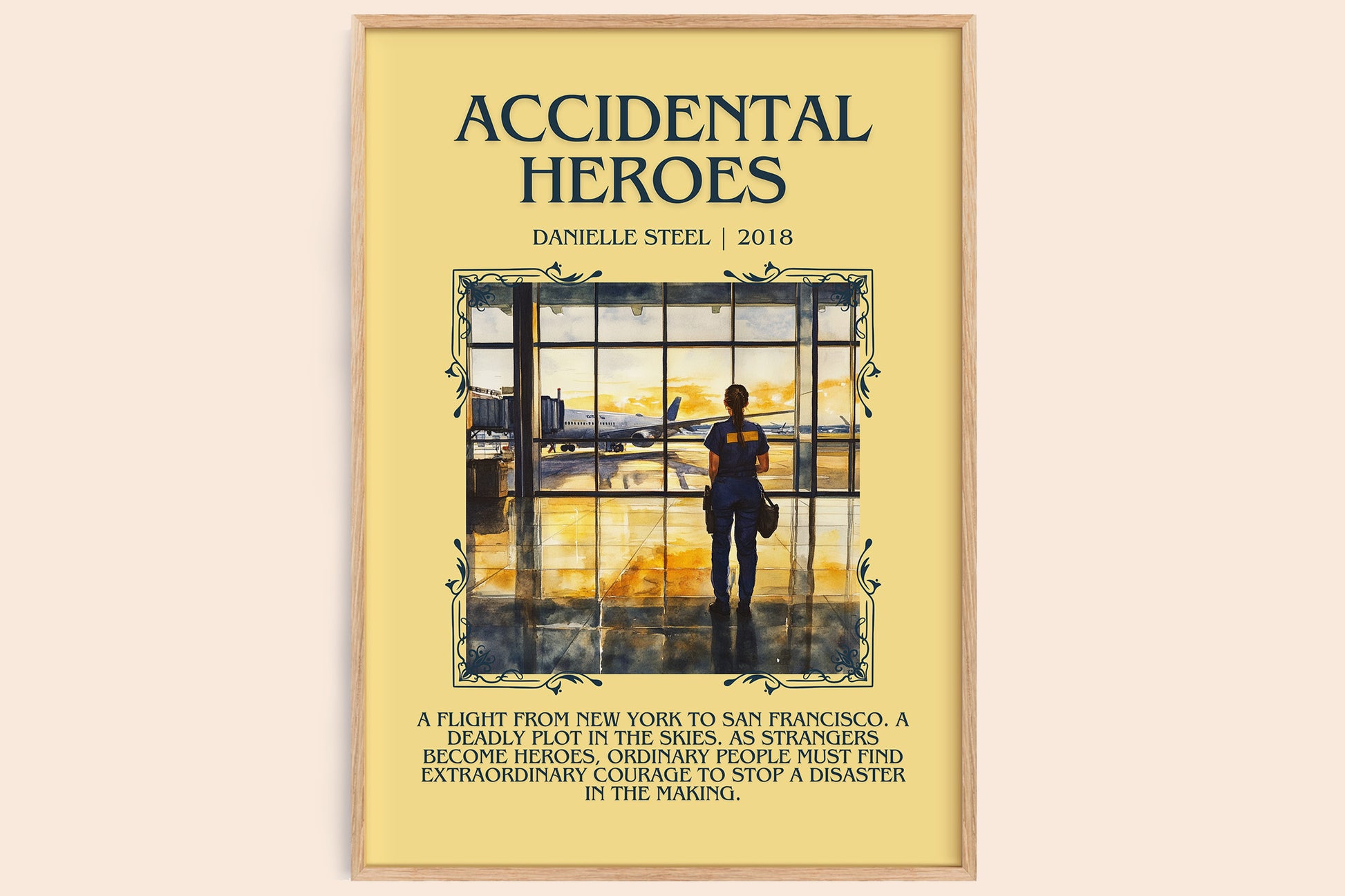 Accidental Heroes bookish print in frame leaning in hallway – contemporary fiction wall art