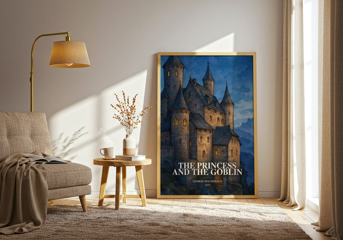 The Princess And The Goblin watercolour print in frame leaning in hallway – fantasy wall art (mockup)