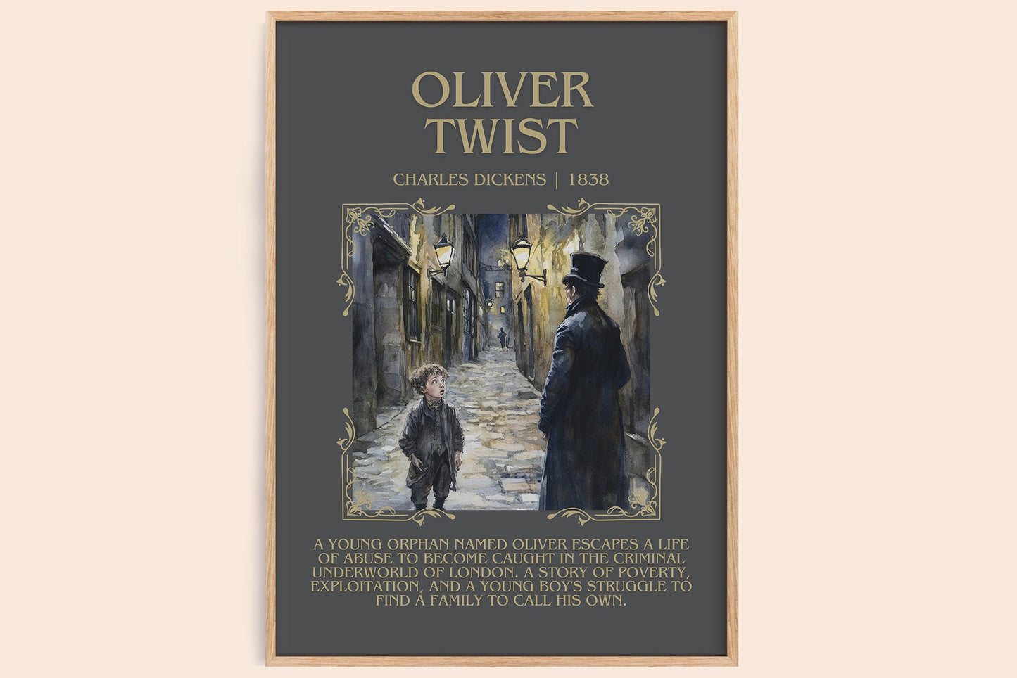 Oliver Twist bookish print in frame leaning in hallway – classic literature wall art