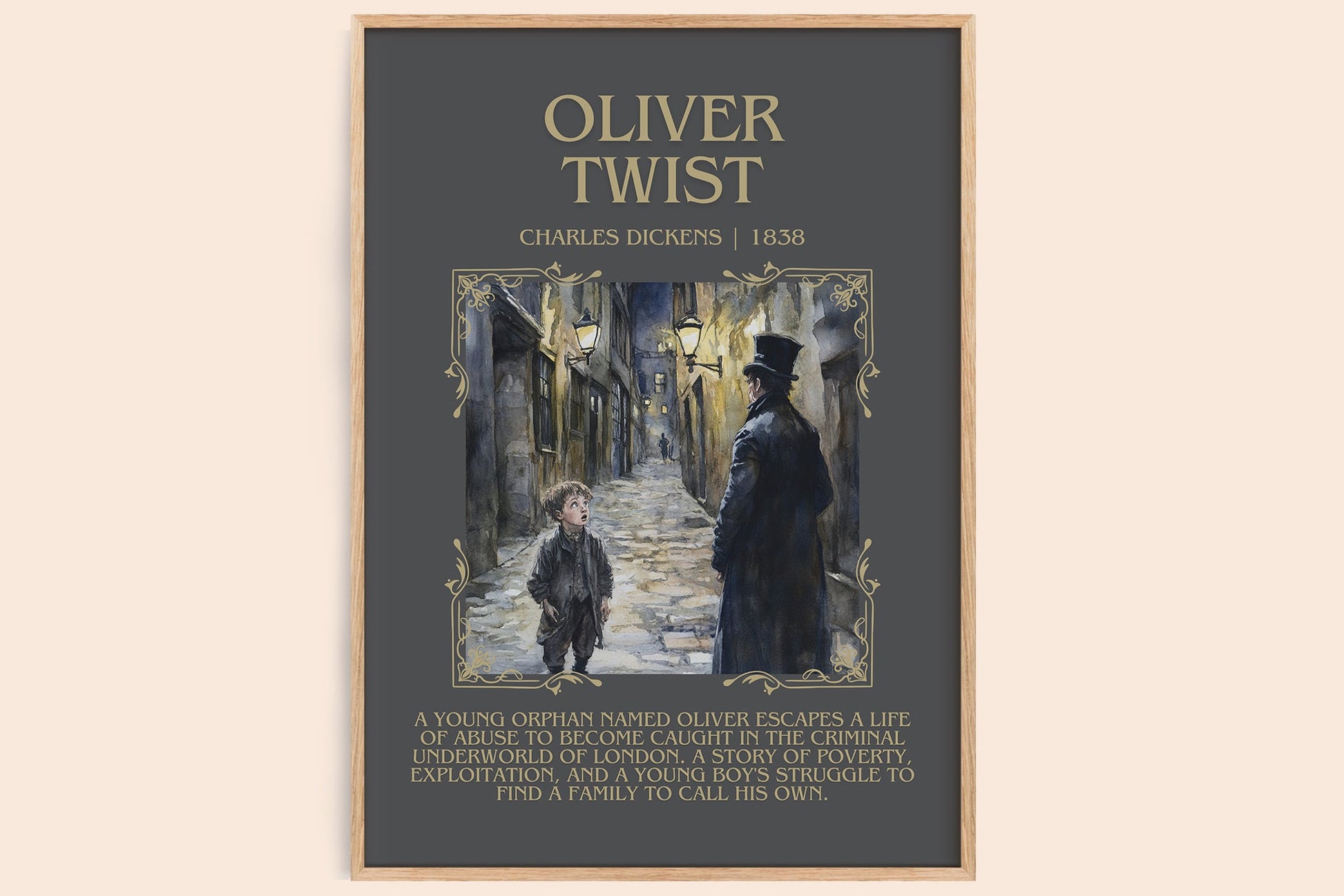 Oliver Twist bookish print in frame leaning in hallway – classic literature wall art
