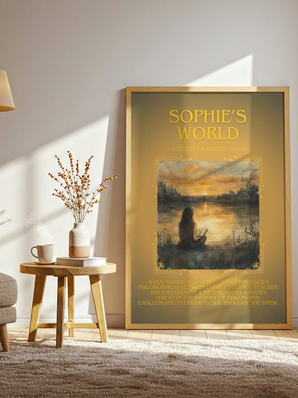 Sophie's World minimalist print in frame leaning in hallway – literary fiction wall art