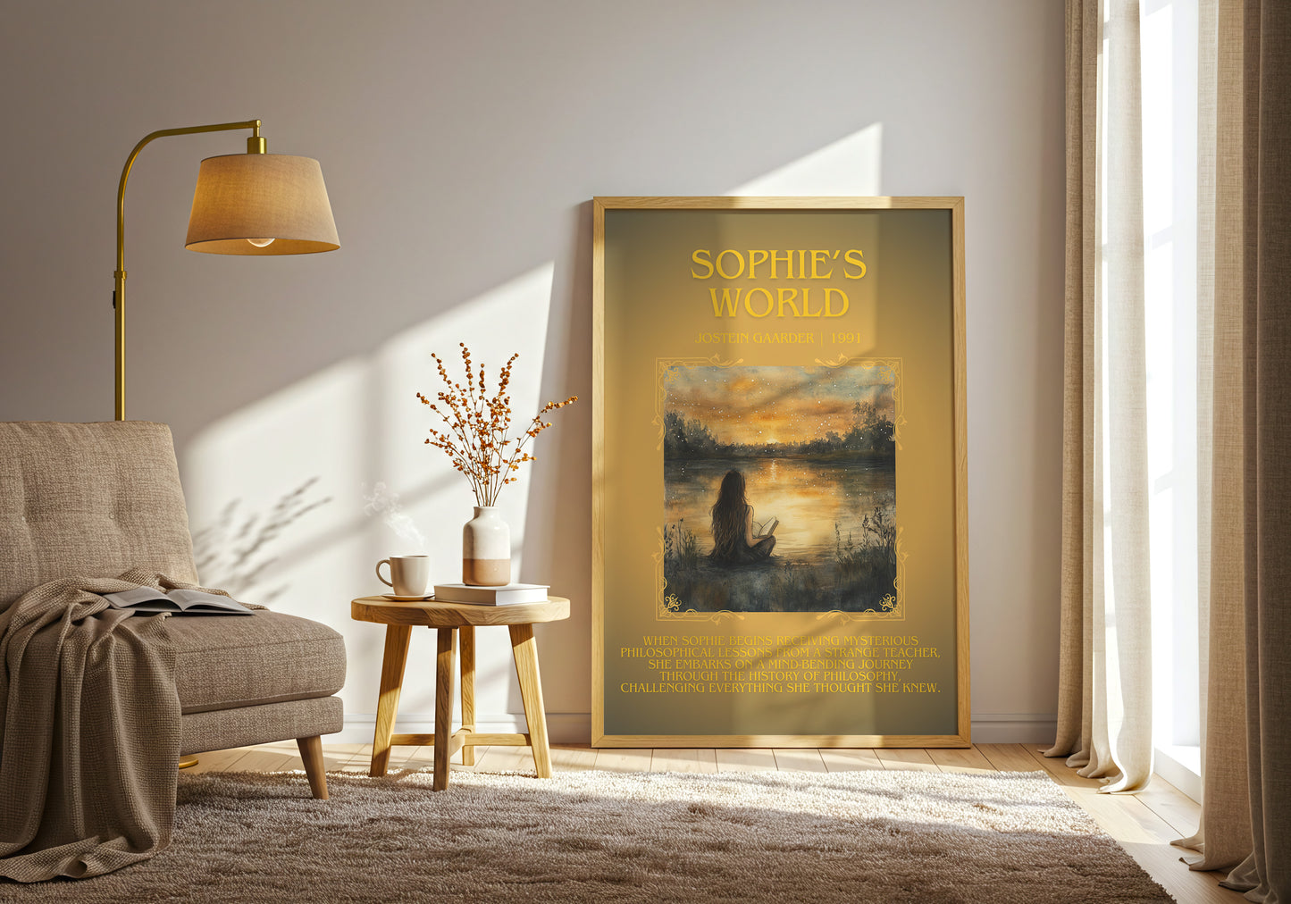 Sophie's World minimalist print in frame leaning in hallway – literary fiction wall art