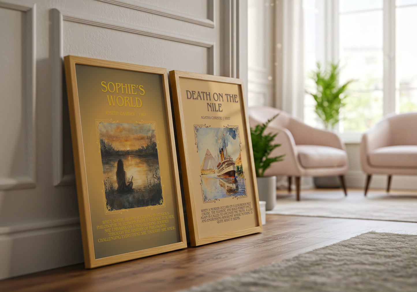 Sophie's World minimalist print framed by window – literary home decor