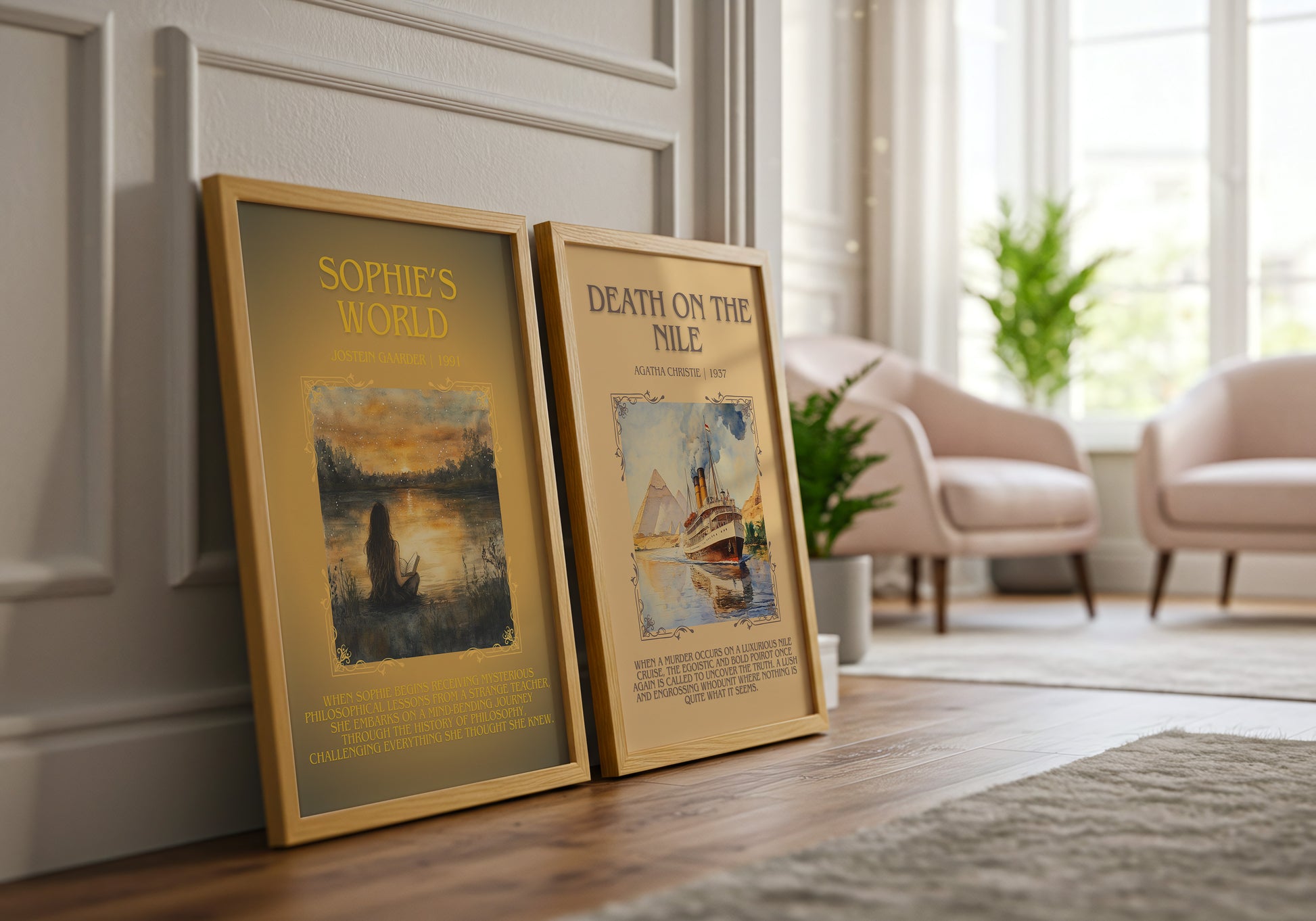 Sophie's World minimalist print framed by window – literary home decor