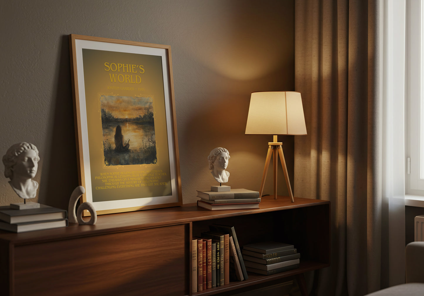 Sophie's World minimalist book poster framed on wall – literary fiction wall art