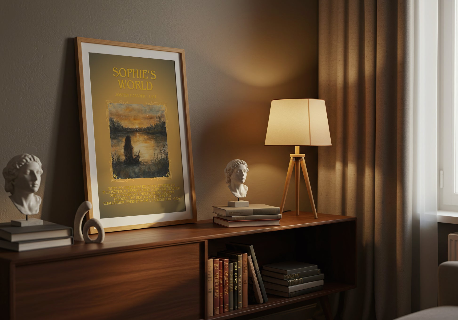 Sophie's World minimalist book poster framed on wall – literary fiction wall art