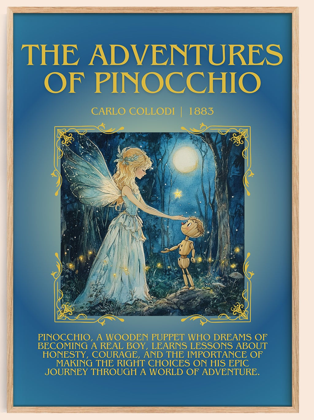 Adventures of Pinocchio minimalist book poster by Carlo Collodi – framed literary art print