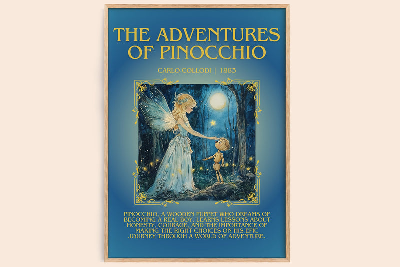 Adventures of Pinocchio minimalist book poster by Carlo Collodi – framed literary art print