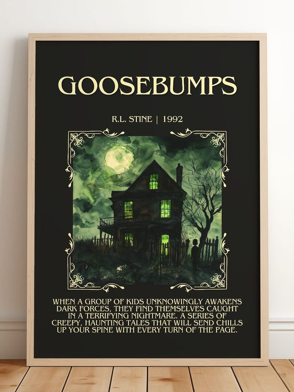 Goosebumps Minimalist Book Poster by R.L. Stine – framed print leaning on a wooden floor