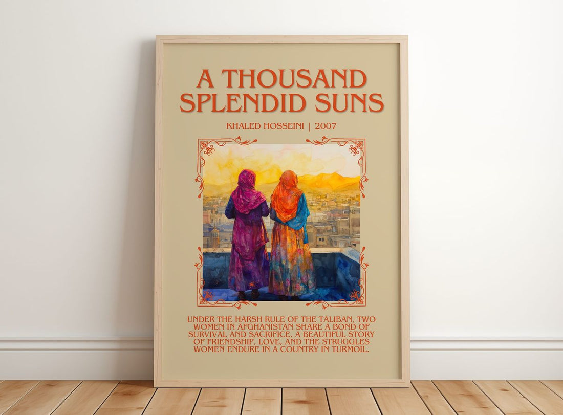 A Thousand Splendid Suns Minimalist Book Poster by Khaled Hosseini – framed print leaning on a wooden floor