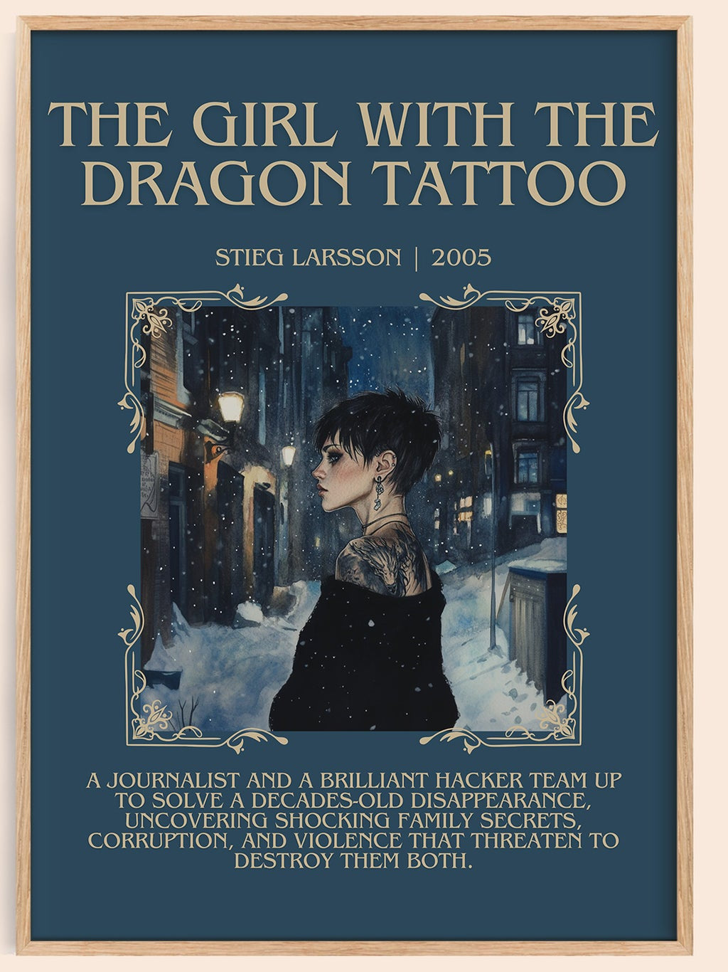 The Girl with the Dragon Tattoo minimalist book poster by Stieg Larsson – framed literary art print