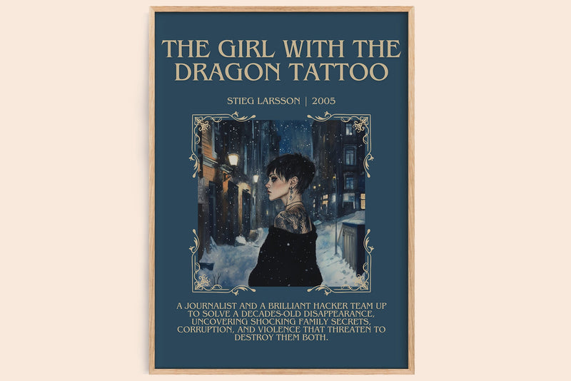 The Girl with the Dragon Tattoo minimalist book poster by Stieg Larsson – framed literary art print