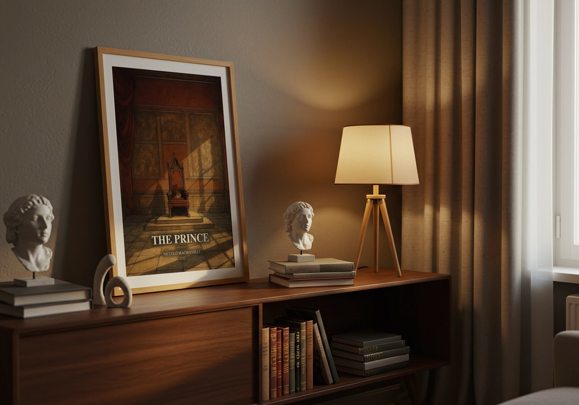 The Prince watercolour print on bookshelf – Niccolò Machiavelli fan gift