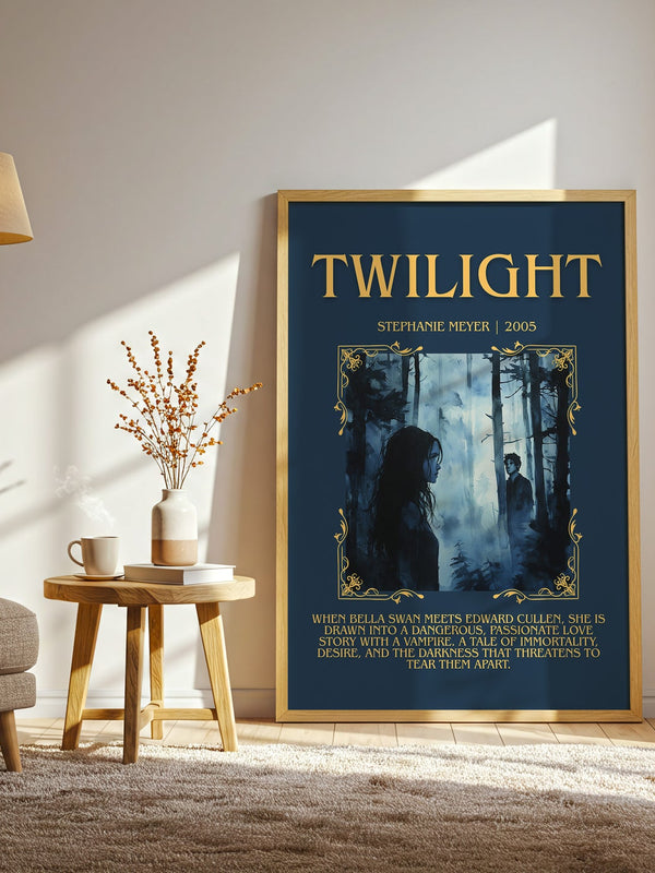 Twilight minimalist print in frame leaning in hallway – young adult wall art