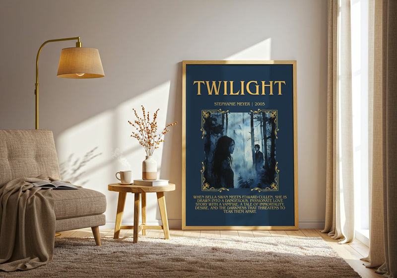 Twilight minimalist print in frame leaning in hallway – young adult wall art