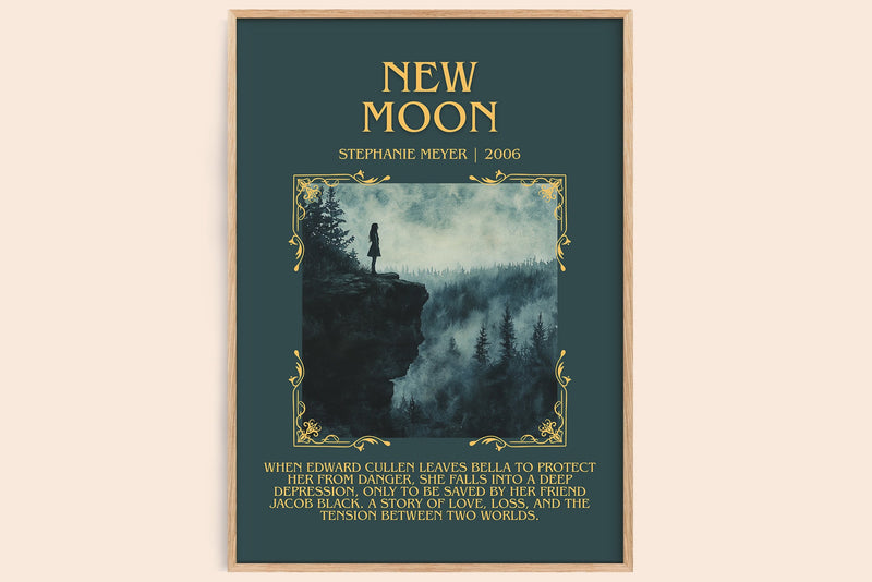 New Moon minimalist book poster by Stephenie Meyer – framed literary art print