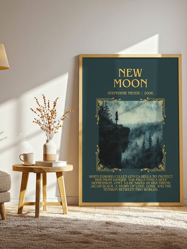 New Moon minimalist print in frame leaning in hallway – young adult wall art