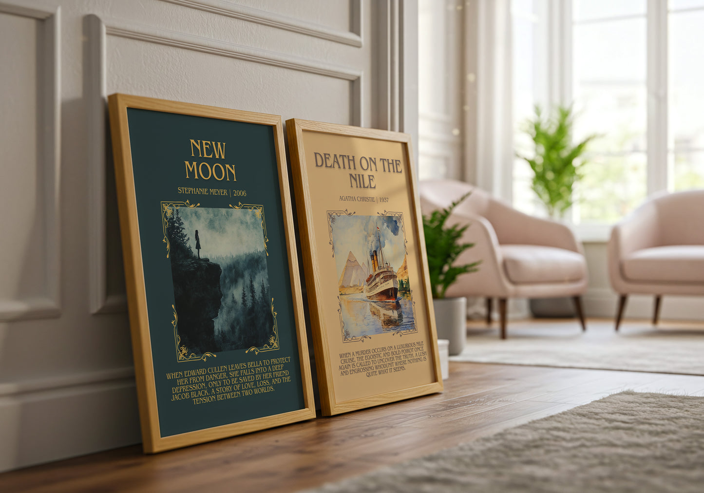 New Moon minimalist print framed by window – literary home decor