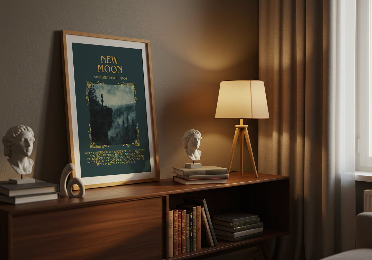 New Moon minimalist book poster framed on wall – young adult wall art