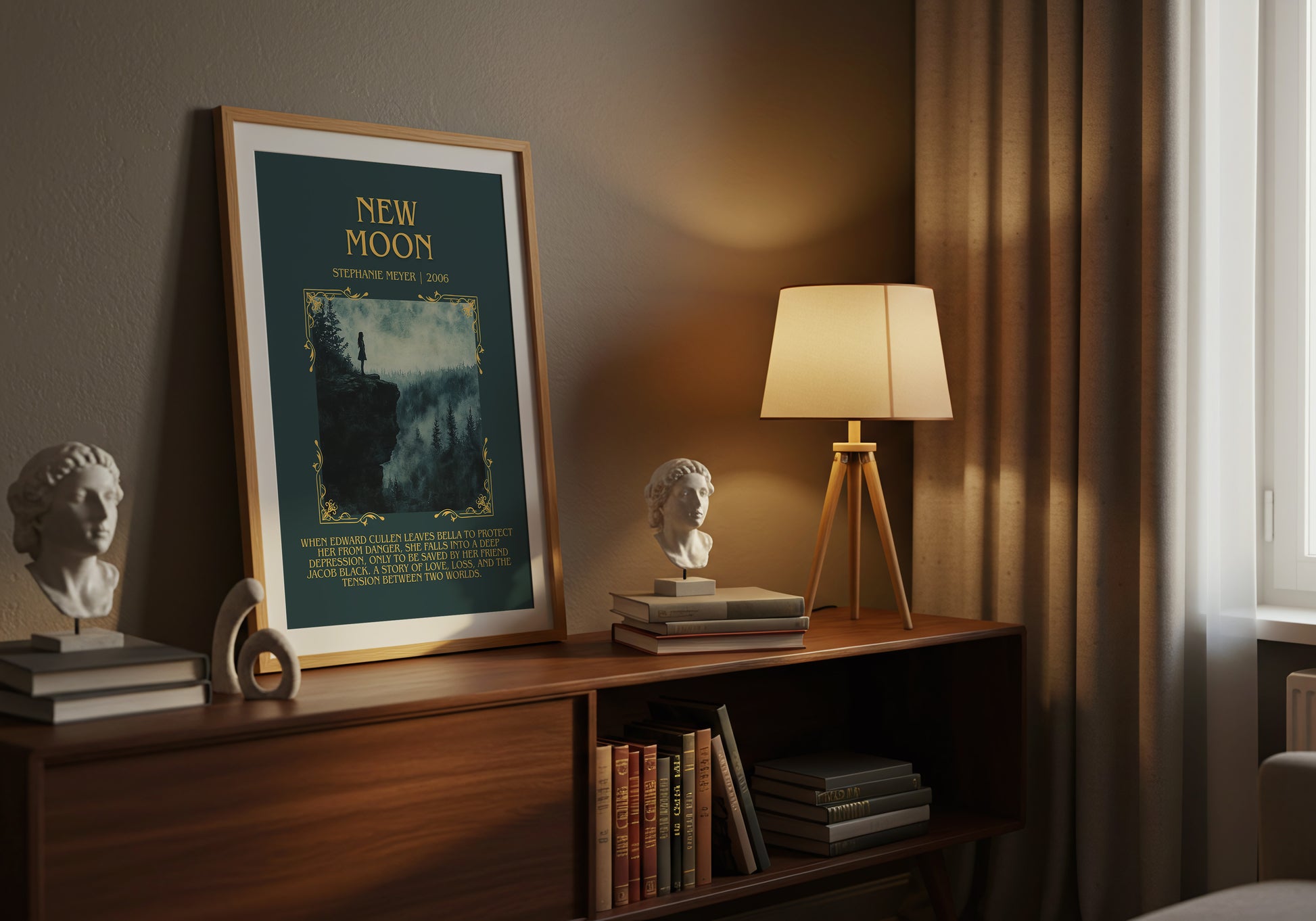 New Moon minimalist book poster framed on wall – young adult wall art