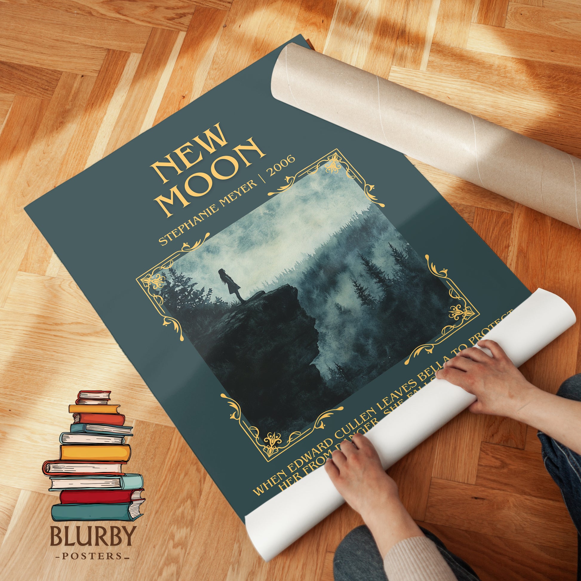 New Moon minimalist print on bookshelf – Stephenie Meyer fan gift